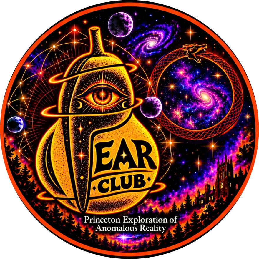 PEAR Club emblem: a glowing pear with an open eye forms the P in PEAR, beside a serpent circling a galaxy, over a night sky and a Princeton tower.